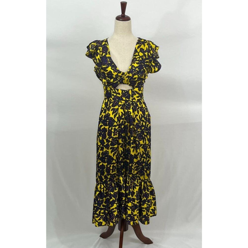 A.L.C Sz 2 Valencia Purple Yellow Floral Silk Cutout Ruffle Midi Dress - Picture 8 of 13